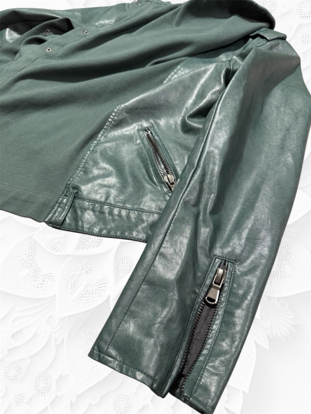 Jolt Forest Green Draped Faux Leather Jacket - Picture 5 of 10